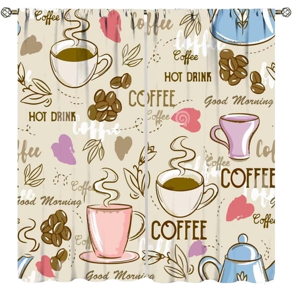 Coffee Window Curtains,Cartoon Colorful Coffee Window Treatments for Bedroom Living Room Kitchen Café Modern Cute Window Drapes 2 Panels Set,Total Size 52 x 84 Inch