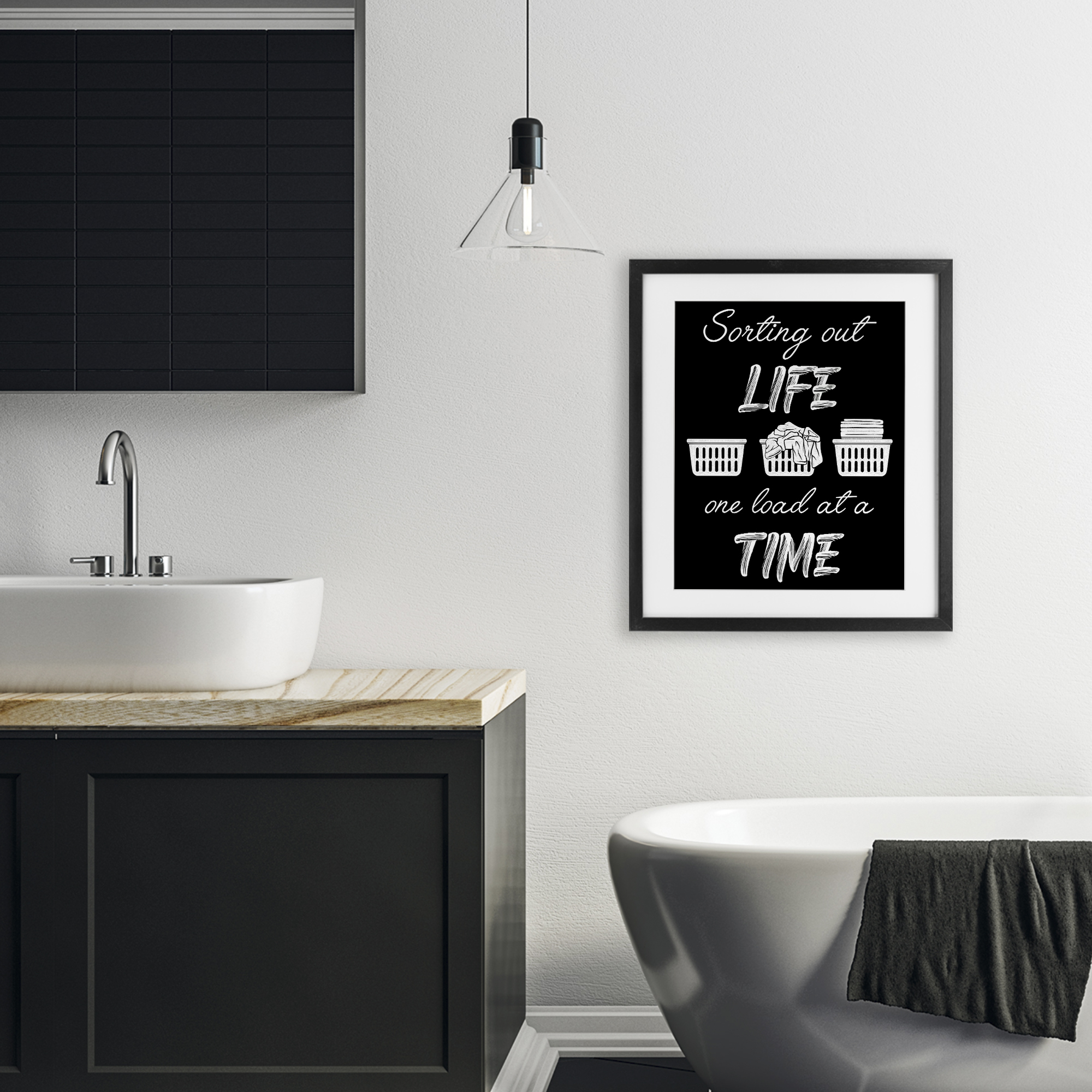 Sorting Out Life Laundry Black Framed Print Under Glass, design by Marcus Prime