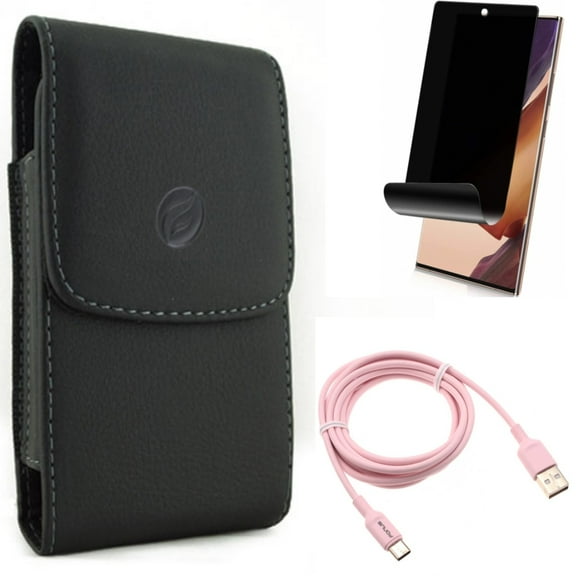 Privacy Screen Protector & 6ft USB-C Cable & Case Belt Clip for Samsung Galaxy Note 20 Ultra (6.9") - Combo with TPU Film Anti-Peep & Pink Charger Cord & Leather Holster