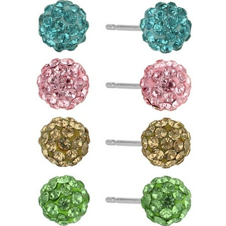 Pave Set Earrings - Crystal Pave Sterling Silver Fireball 4-Pair Button Earrings Multiples Set