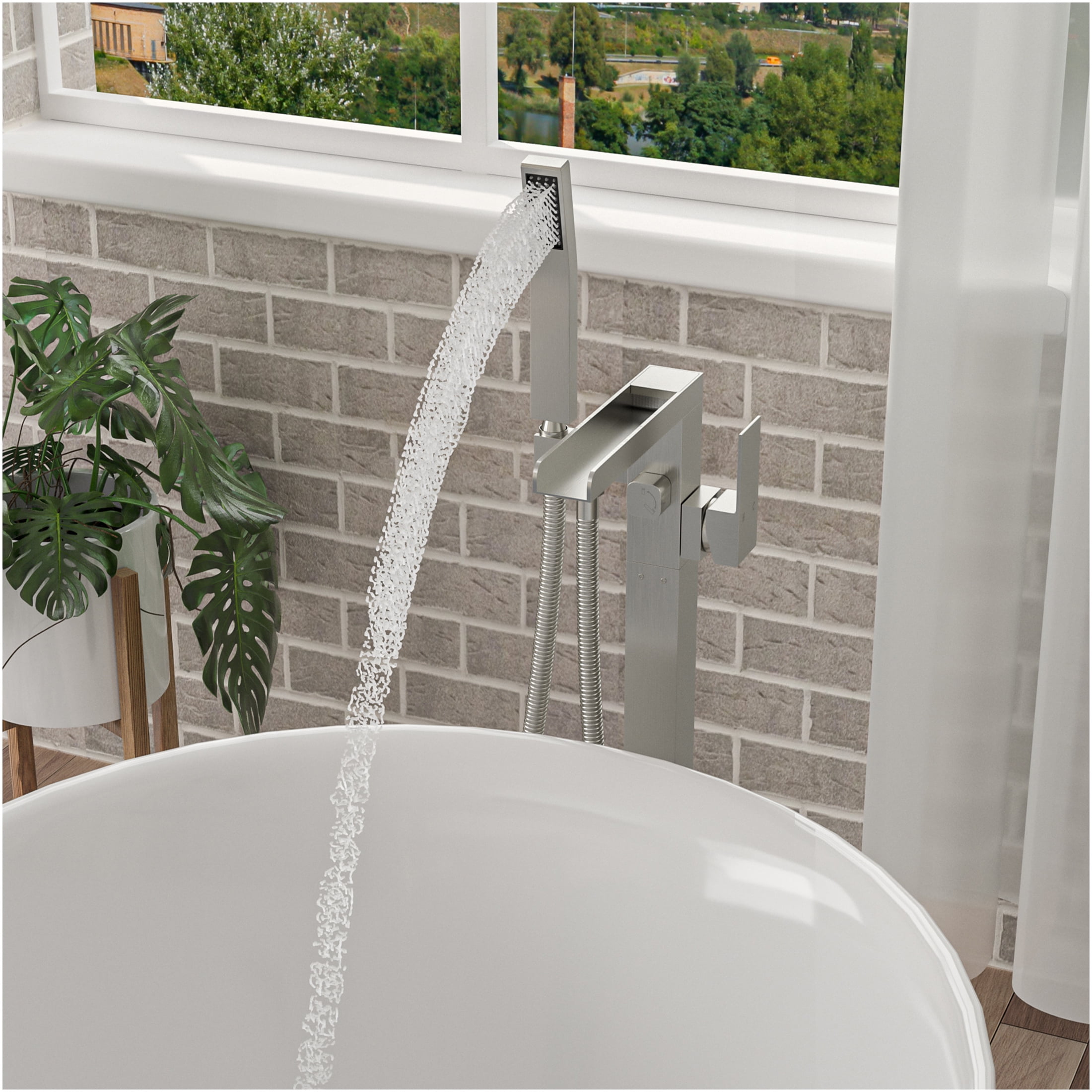 JERFIT Freestanding Bathtub Faucet with Hand Shower, 360° Rotatable Waterfall Spout, Brushed Nickel Floor Mount Tub Filler for Standard Bathroom