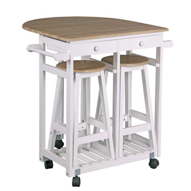 Home Basics Oak Top Rolling Kitchen Cart with 2 Stools and ...