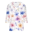 thumbnail image 3 of Felirenzacia Women’s White Blouse, V-Neck, Three-Quarter Sleeve Top with Large Blue Watercolor Floral Design, 3 of 5