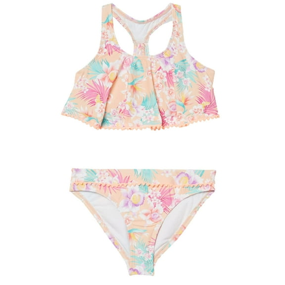 Hobie Girls' Hi Neck Crop Bra Bikini Top & Banded Bottom Swimsuit Set, Flamingo//Honolulu Honey, 12
