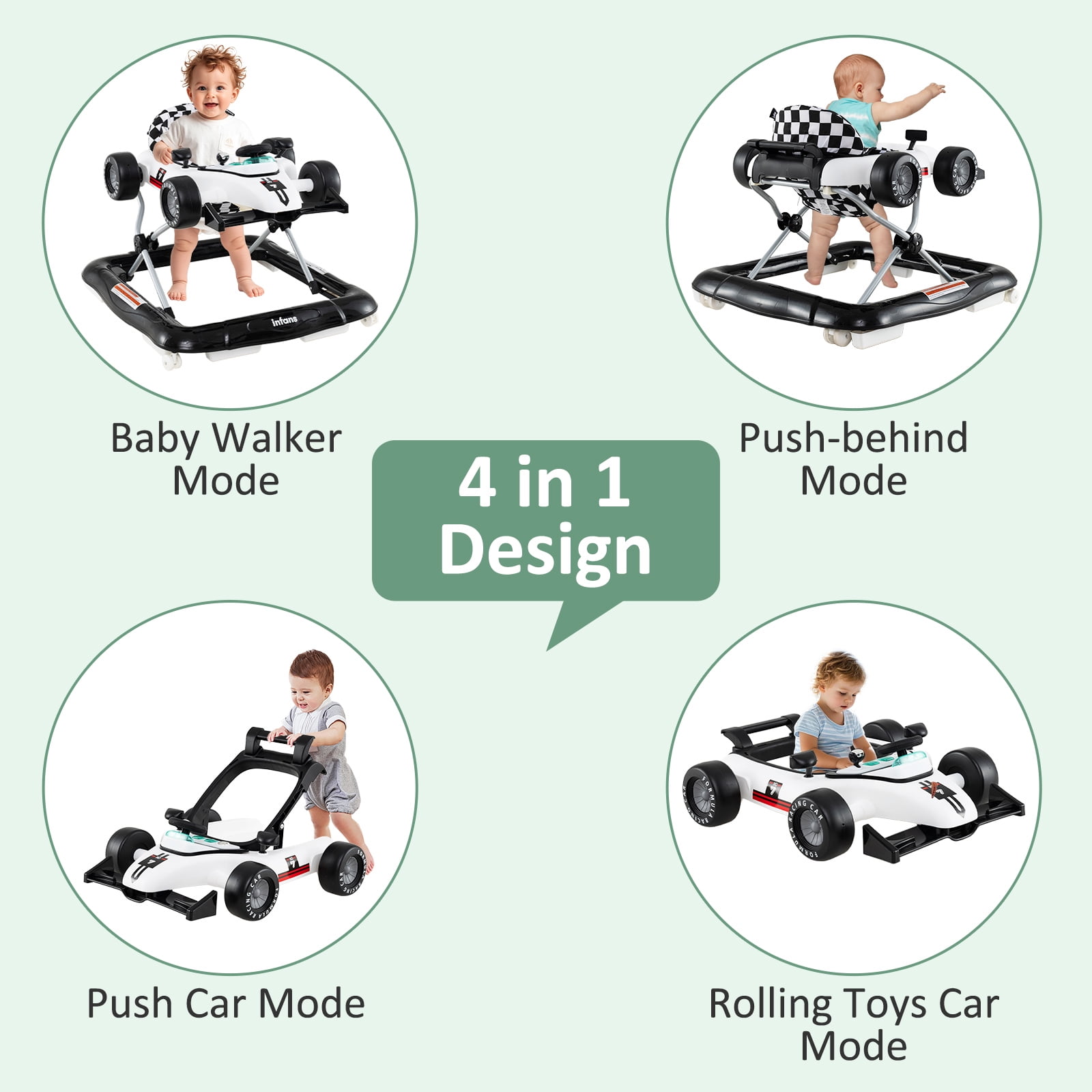 INFANS 4 in 1 Baby Walker, Foldable Toddler Activity Center with Adjustable Height, Padded Seat, Music, Light, Removable Toy Tray, Push Walker for Girls Boys Aged 6-18 Months