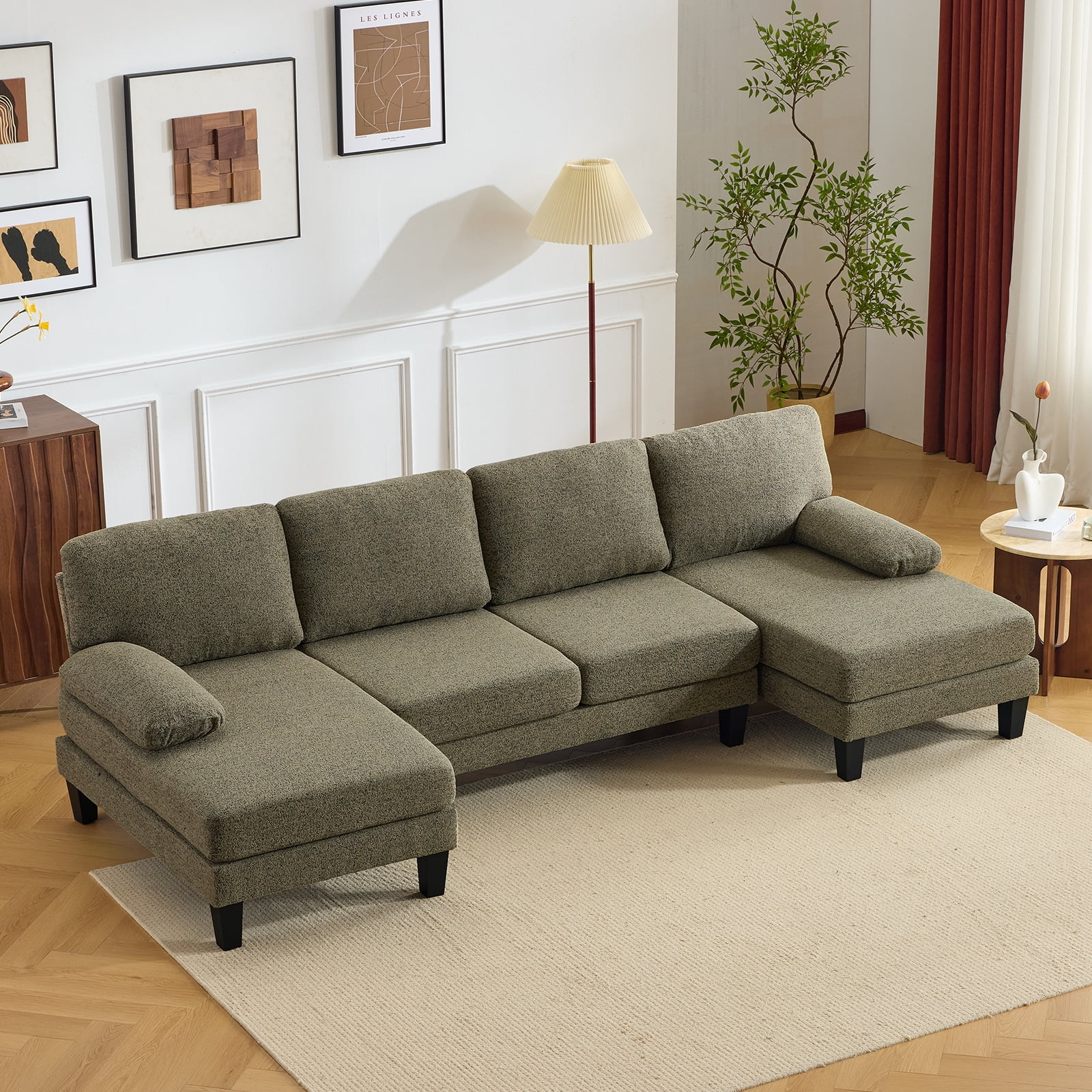U-Shaped Convertible Sectional Sofa with 2 Chaise Lounges, 4-Seater Modular Couch with Removable & Washable Chenille Covers, L-Shaped Couches for Living Room Apartment, Heavy Duty Plastic Legs