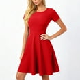 thumbnail image 5 of Elegant Short Sleeve Pleated Swing Round Neck Solid Color Loose Dress Women Casual Party Evening Gown Red S, 5 of 5