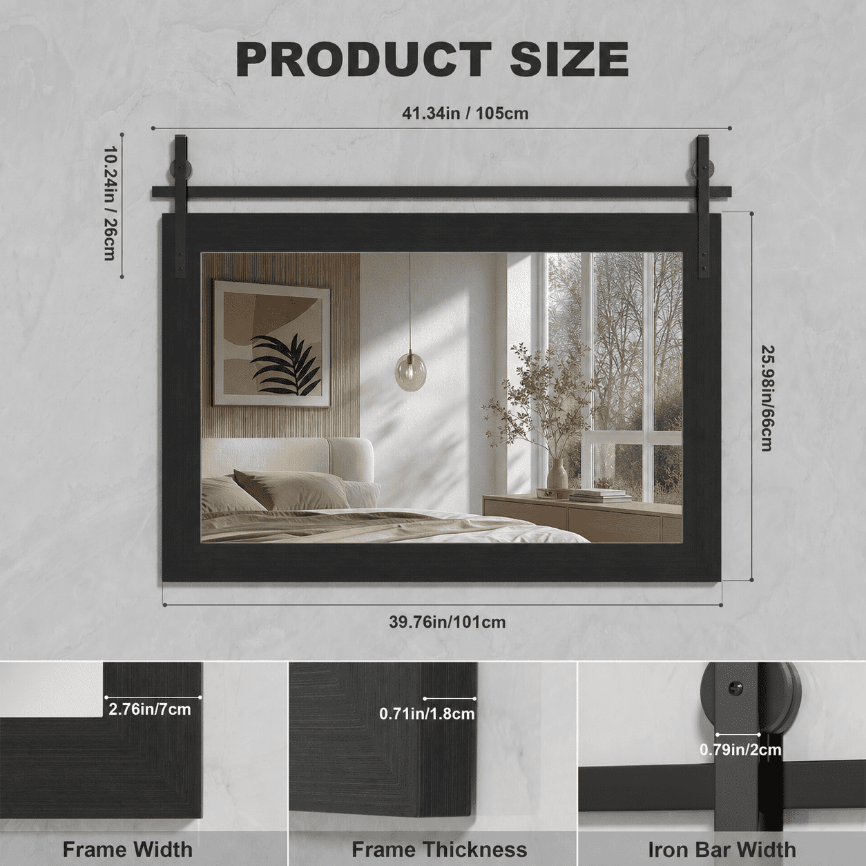 40x26-Inch Farmhouse Bathroom Mirror with Faux Wood Grain Frame, Rustic Wall Mounted Vanity Mirror and Decorative Mirror for Bathroom, Black