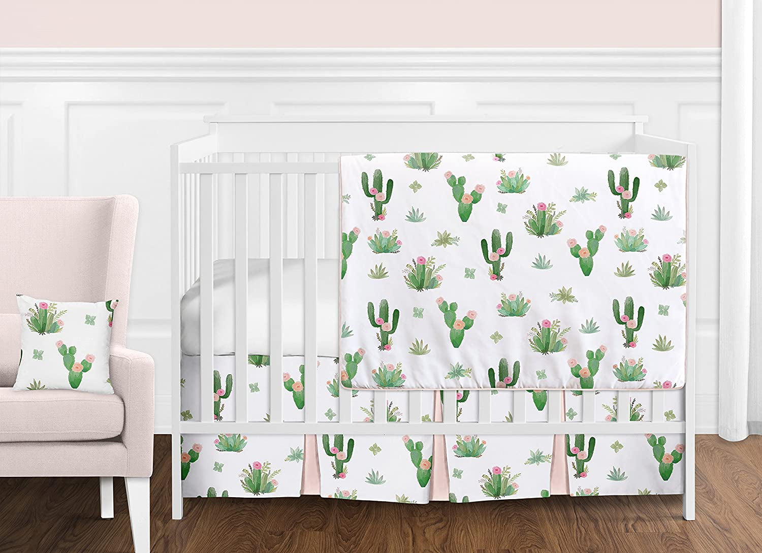 Pink Green Boho Watercolor Cactus Floral Girls Baby or Toddler Fitted Crib Sheet 