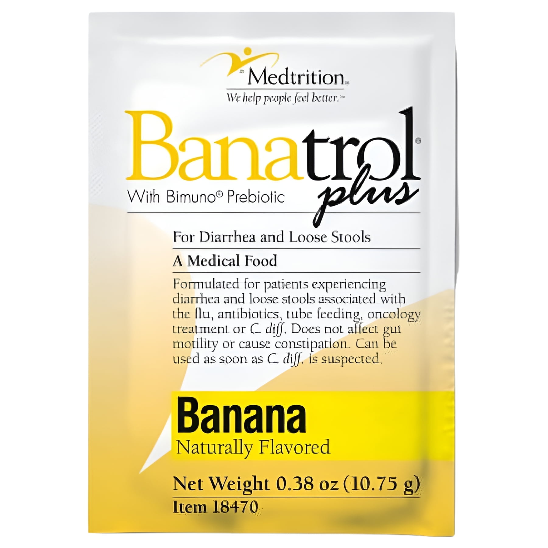Banatrol Plus Banana Flavored Powder Oral Supplement, Prebiotic Fiber Digestive Support for Diarrhea and Loose Stool, 10.75 g Individual Packets, 21 Count