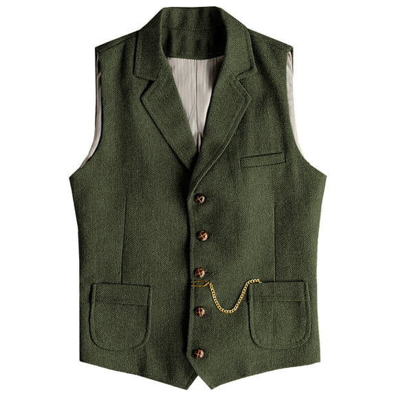 Mens Casual Vests Herringbone Tweed Waistcoat Vintage V-Neck Retro Wedding Travel Workwear Vest With Pockets