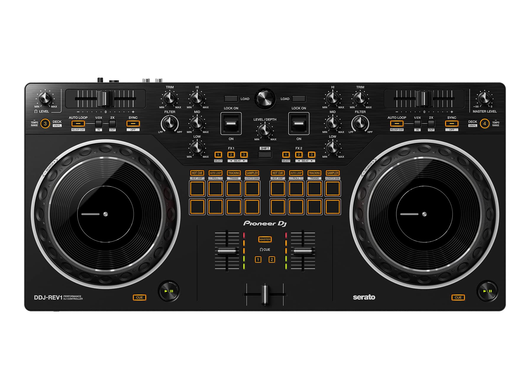 Pioneer DDJ-REV1 Scratch-Style 2-Channel DJ Controller for Serato DJ Lite - Black Bundle with Laptop Stand, Headphones and, Austin Bazaar Polishing Cloth