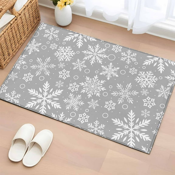 Grey Christmas Bathroom Rug Washable 2x3 Entryway Rug Non Slip Xmas Snowflake White Front Door Mat Low Pile Indoor Doormat Throw Floor Carpet for Kitchen Bedroom Entrance