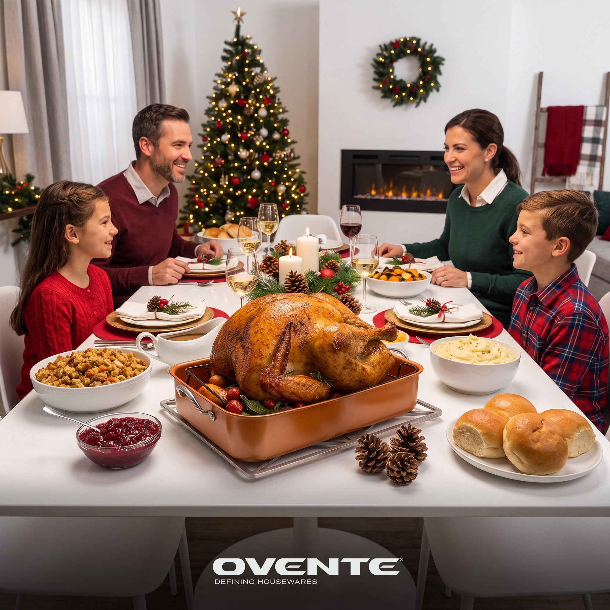 OVENTE 17" Carbon Steel Roasting Pan with V-Shape Rack, Copper CWR30820CO | Heavy-Duty Nonstick Rectangular Turkey Roaster for Chicken, Beef, Ham and Lasagna, Dishwasher Safe
