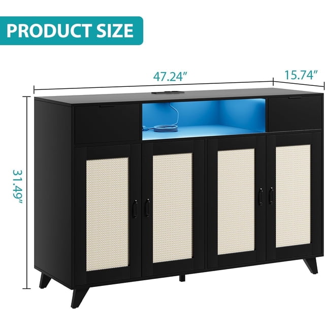 Bingirl Elegant Rattan Sideboard Buffet Cabinet – 2 Drawer Kitchen Console with Power Outlets & LED Light, Multifunctional Storage for Living Room, Kitchen, Hallway – Black