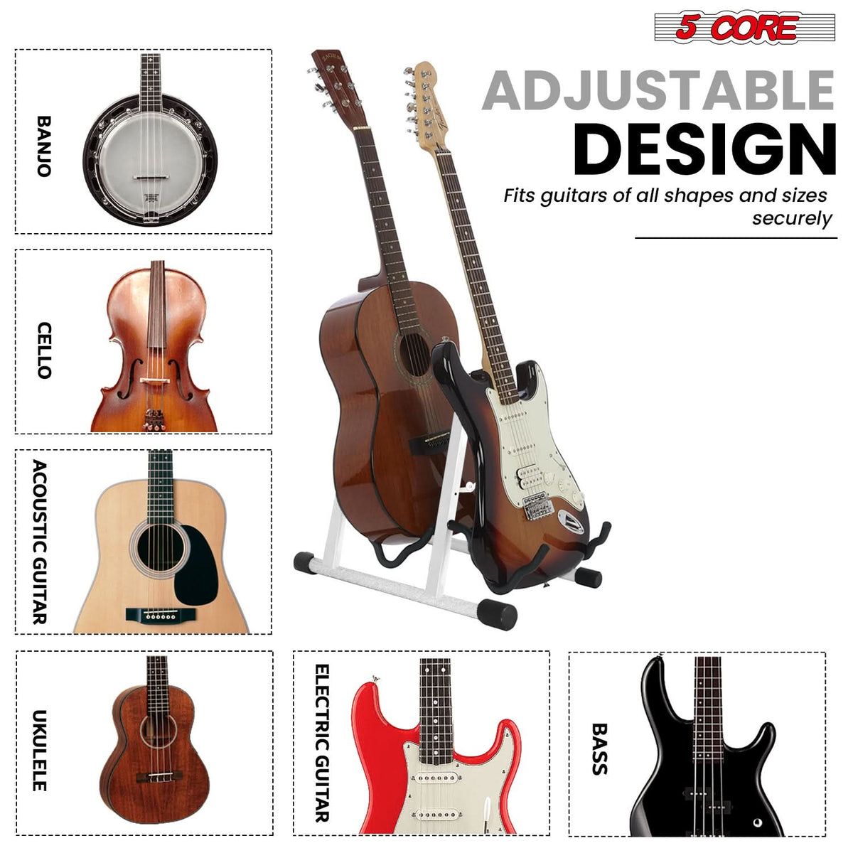 5 CORE Guitar Stand 2 In 1 Electric Acoustic Bass Banjo Stand Strong Metal Double A-Frame Folding Guitar Holder with Padded Foam Sleeves White - GSS 2N1 WH