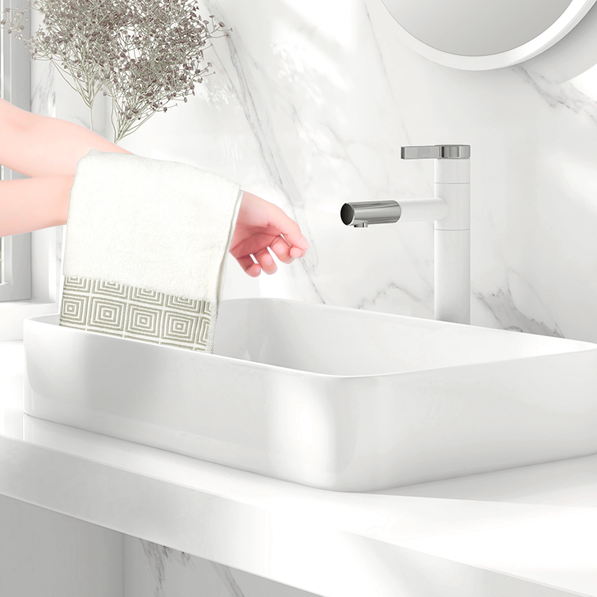 Unique Bargains Geometric Washcloths Set Cotton Bath Towels Low Lint White 6