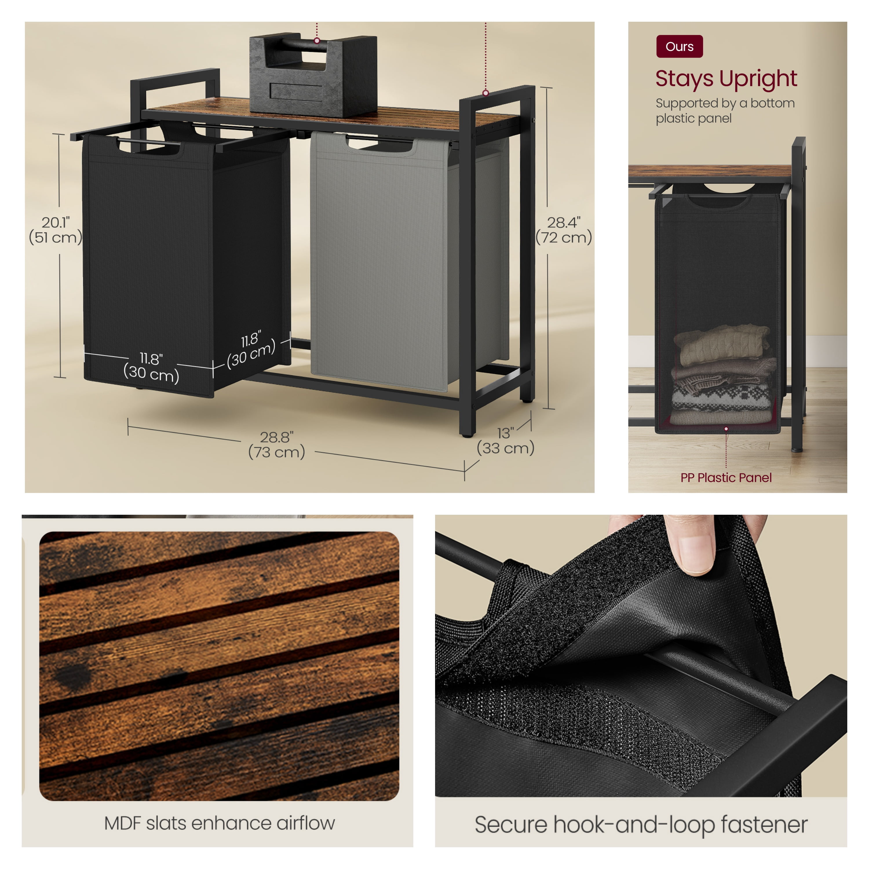 LEDREM 2-Compartment Laundry Hamper with Removable Bags & Storage Shelf, 92L Total Capacity, Steel Frame & Oxford Fabric, Rustic Brown and Charcoal Grey