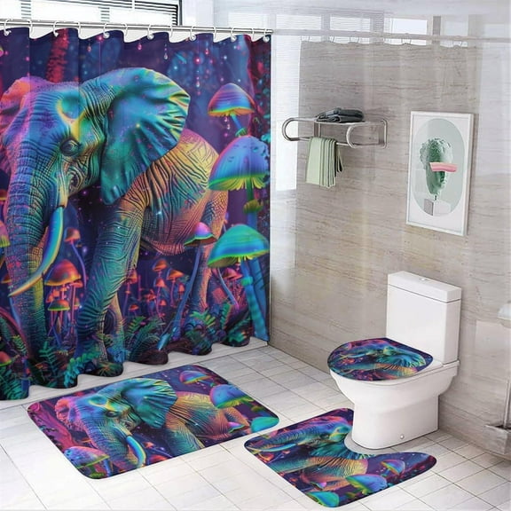 4Pcs Neon Elephant Shower Curtain Set with Rugs, Toilet Lid Cover and Bath Mat, Fantasy Forest Mushroom African Animal Bathroom Curtains Decor Shower Curtains, 72" x 72"