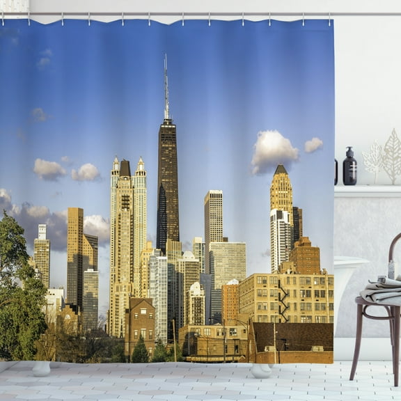 Illinois Shower Curtain, Downtown Chicago Architecture View in Cloudy Sky Metropolitan Town Country, Fabric Bathroom Set with Hooks, 69"WX70"L, Violet Blue Cream, by Ambesonne
