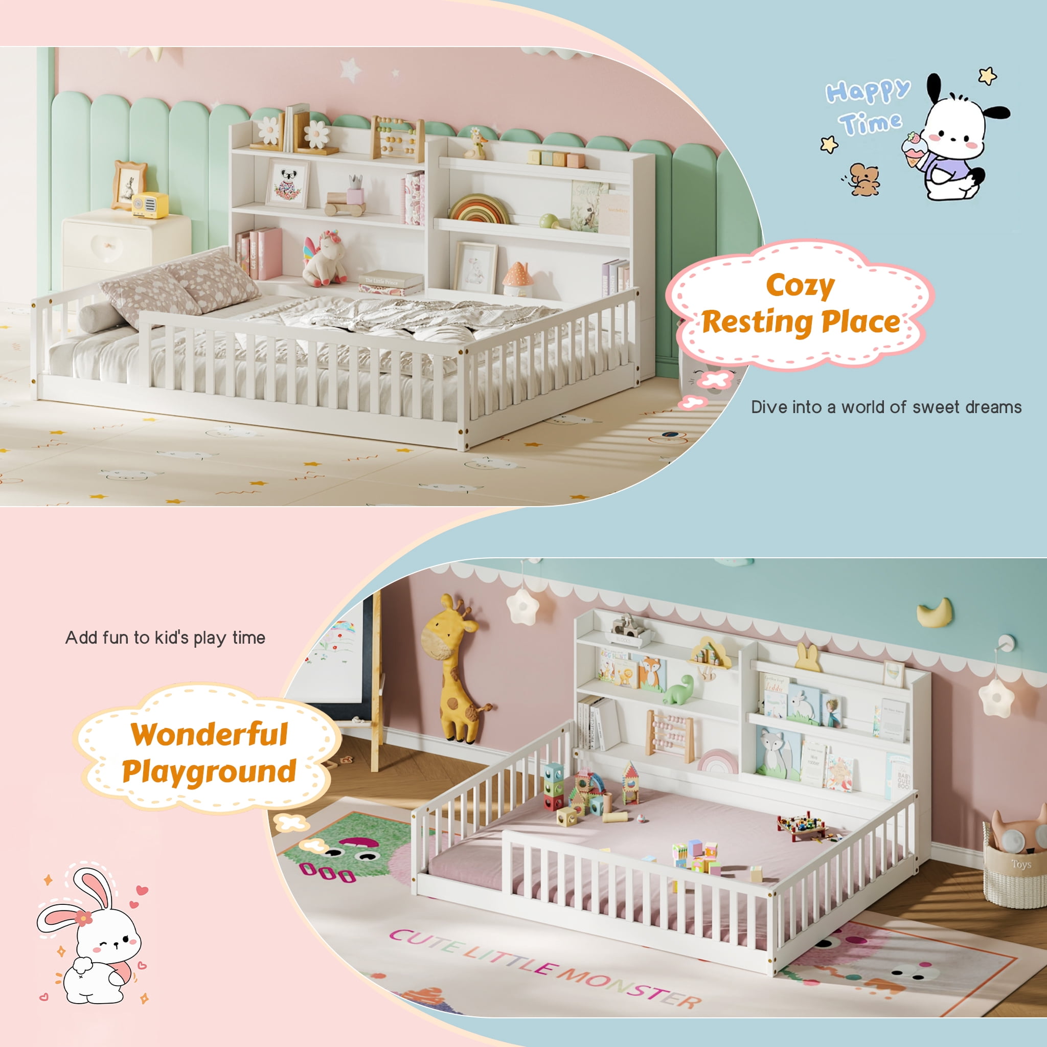 Garitin Full Floor Bed and Montessori Kids Bed 77.2 Inch, Solid Pine Wood Frame with Bookshelf and Safety Rails for Children Bedroom, White