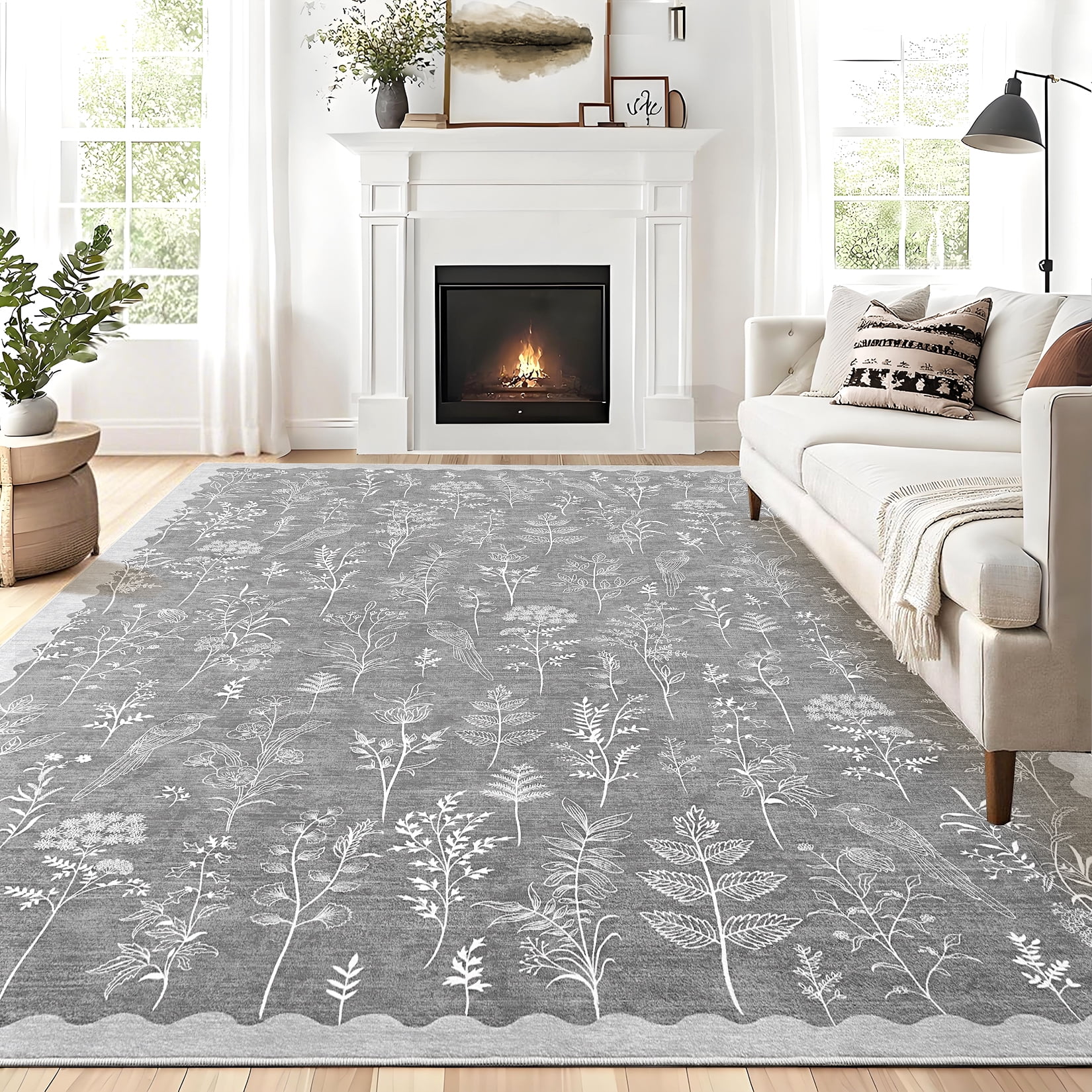 FairOnly Light Grey 8'x10'Low Pile Mordern Flower Printed Area Rug for Bedroom Kid's Room Non Slip Ultra Thin & Soft Rugs for Kitchen