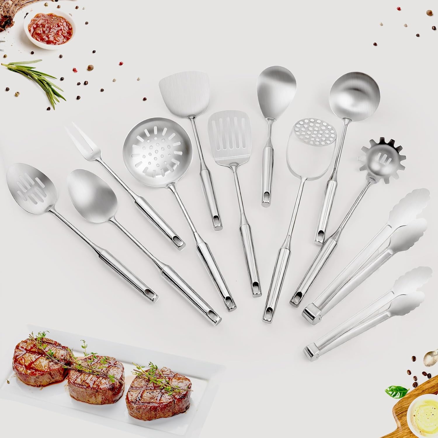 12-Piece Stainless Steel Cooking Utensils Set with Ergonomic Handles for Home and Commercial Kitchens