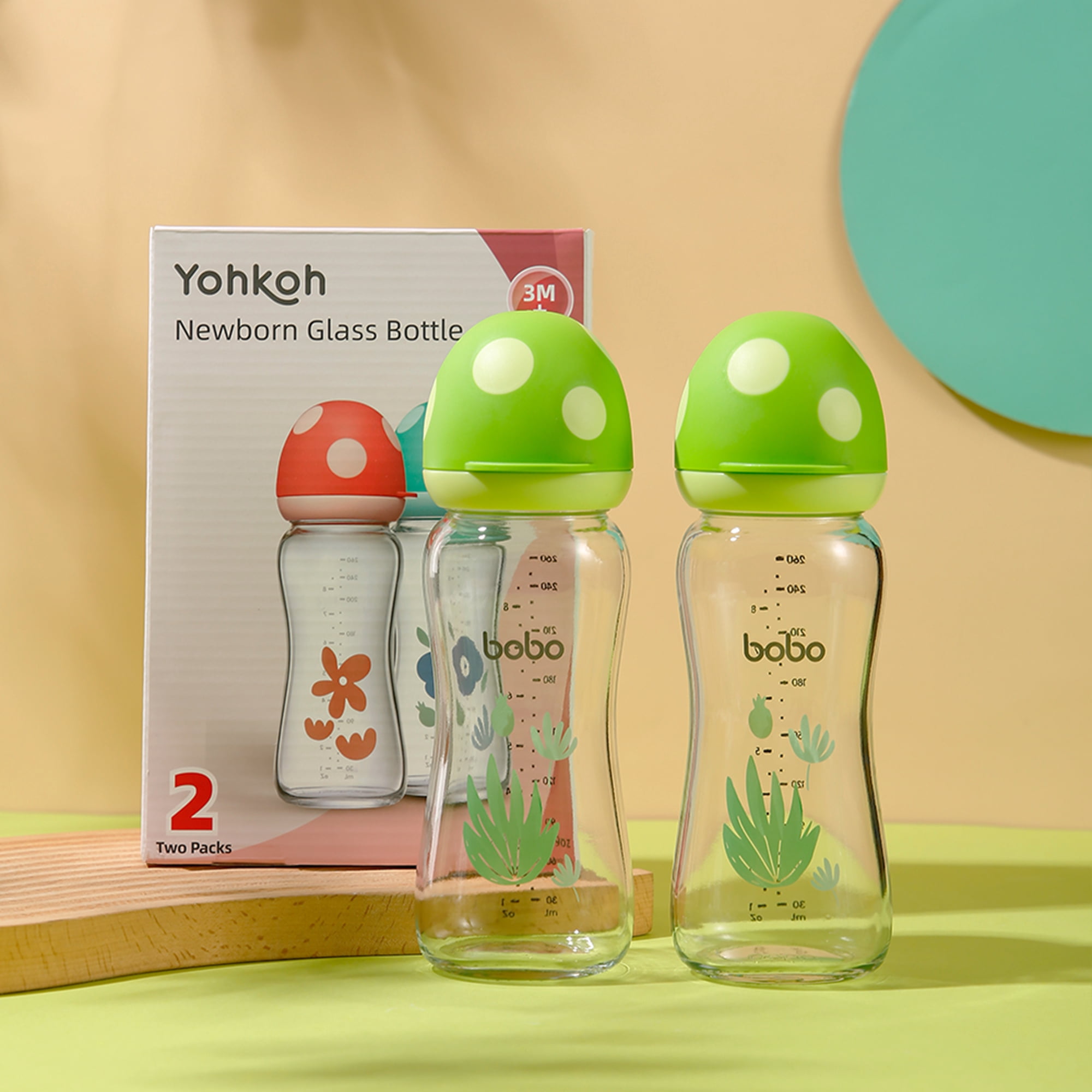 YOHKOH Natural Glass Bottle with Natural Response Nipple,Green, 8.8oz,2Pk,Baby Bottles Gift Set