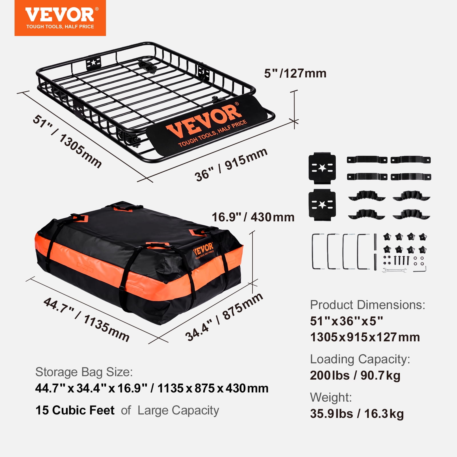 VEVOR Roof Rack Cargo Basket, 51" x 36" x 5" Rooftop Cargo Carrier w/ 15 Cu Ft Waterproof Cargo Bag, 200 LBS Capacity Universal Rack Carrier for SUV, Truck