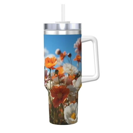 

Zeuib Vibrant Field Of Blossoms Printed Insulated Stainless Steel Hot/Cold Coffee Cup 40oz Ice Bully With Handle Tumbler with Straw and Handle Insulated Water Bottle Travel Mug Cup