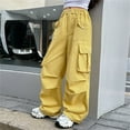 thumbnail image 5 of Women's Baggy Wide Leg Loose Cargo Pants Y2K Clothing Multi-Pocket Relaxed Fit Jeans Fairy Grunge Clothes Alt Emo Streetwear Kids Pants (12-13 Years, Yellow), 5 of 8