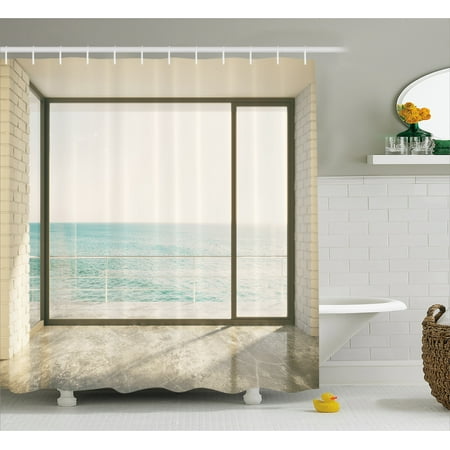 Beach Theme Decor Shower Curtain Apartment Scenery With Wavy Sea Beach Theme Decor Shower Curtain Apartment Scenery With Wavy Sea Ocean Coastal Home Design
