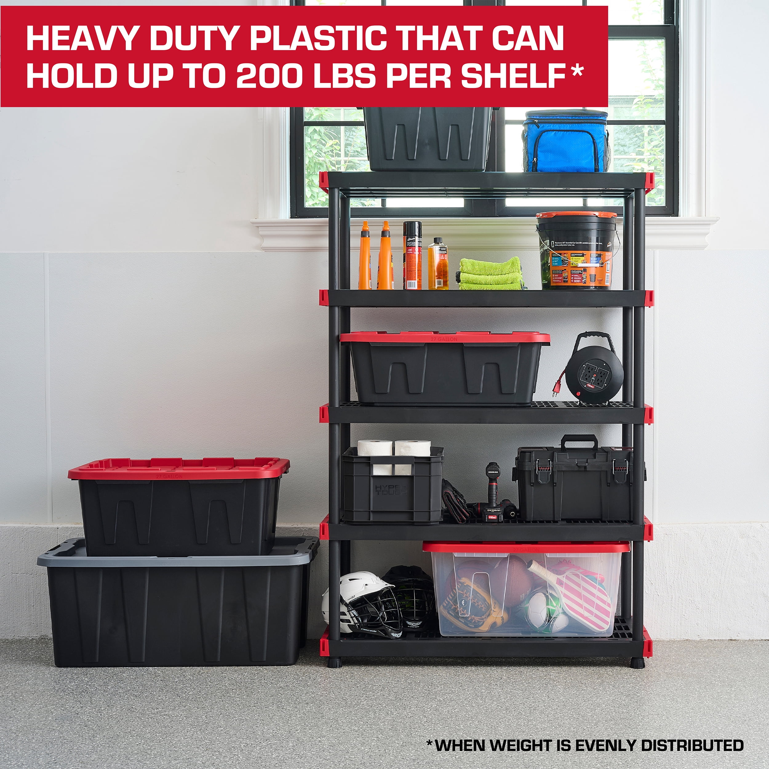 Hyper Tough 5 Shelf Plastic Storage Shelf, 48" W x 20" D x 72" H, Holds up to 1000 lb Total Capacity, Black and Red
