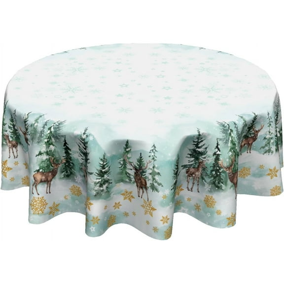 Winter Snowflake Tablecloth Gold and Green Tree Round Tablecloth 60 Inch Christmas Reindeer Table Cloth for Farmhouse Kitchen Decor Polyester Fabric Holiday Table Cover for Party Outdoor Camping