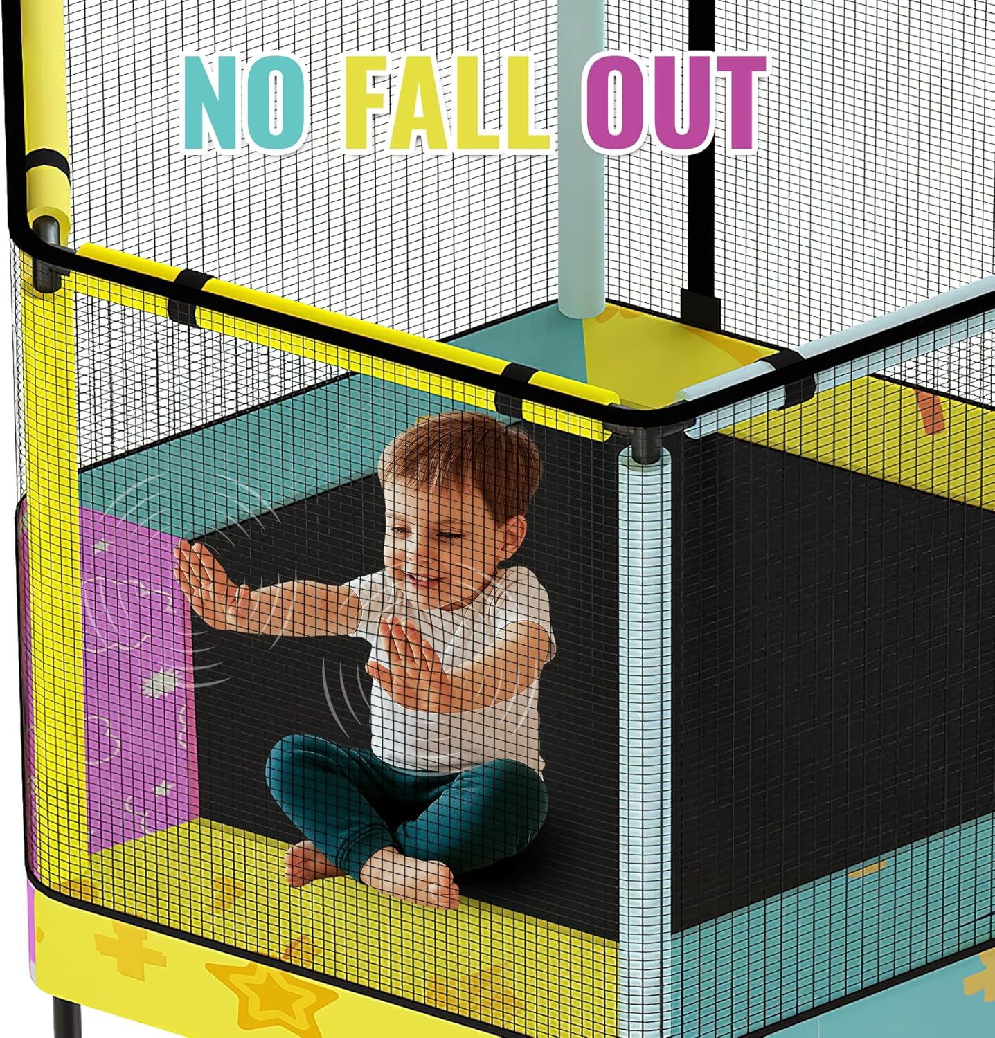 MOOSENG 7-in-1 Kids Trampoline with Safety Enclosure Net, 60" Hexagonal Toddler Trampoline with 500lbs Capacity, Indoor Outdoor Fun for Ages 1-8, Adjustable Handrail