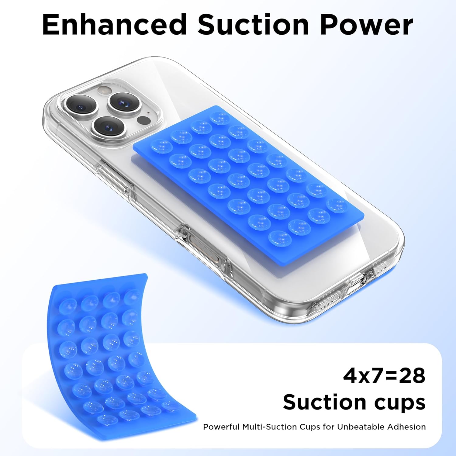 MKEUDQ-2 Pack Silicone Suction Cup Phone Case Mount Double-Sided, Hands-Free Strong Grip Holder for iPhone and Android, Sticky Phone Stand for Selfies and Videos, Azure Blue+Transparent
