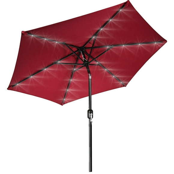 Parasol de Patio Solaire de 7,5 Pieds x 7 Pieds, Parasol de Table de Marché en Plein Air avec Lumières LED, Inclinaison et Manivelle, Red