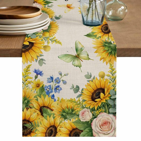 Summer Sunflowers Table Runner 48 Inches, Country Botanical Budding Flowers Bed Runner Dresser Scarves Tabletop for Indoor Outdoor Parties/Ceremony/Banquet, 13" x 48"