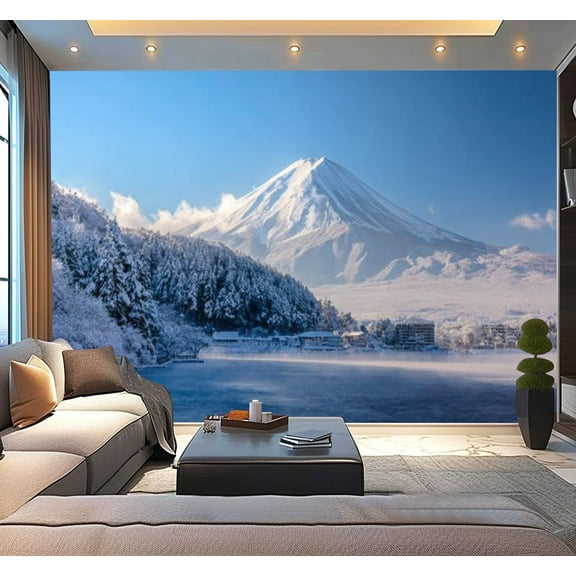 Peel and Stick Wallpaper Mt snow winter lake Kawaguchiko Japan Modern Art Wall Mural Decor Self Adhesive and Removable 100in x 144in