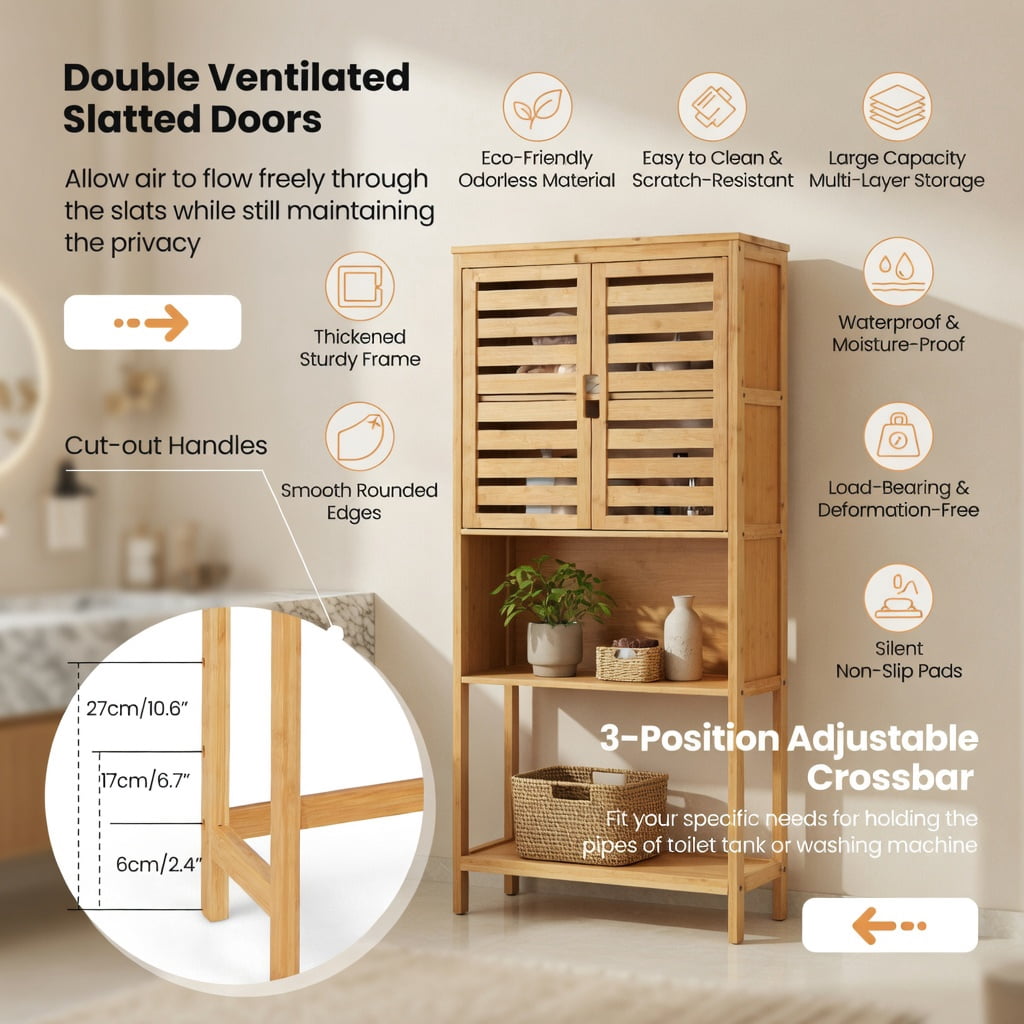 Hommoo Bamboo Over-the-Toilet Storage Cabinet with Adjustable Shelf, Ventilated Louvered Doors & Wall-Stabilizing Anti-Tip Kit Bathroom Organizer, Natural