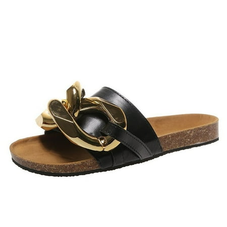 

Gecorid slippers Women Flat Sandals Casual Metal Chain Strap Summer Beach Slippers