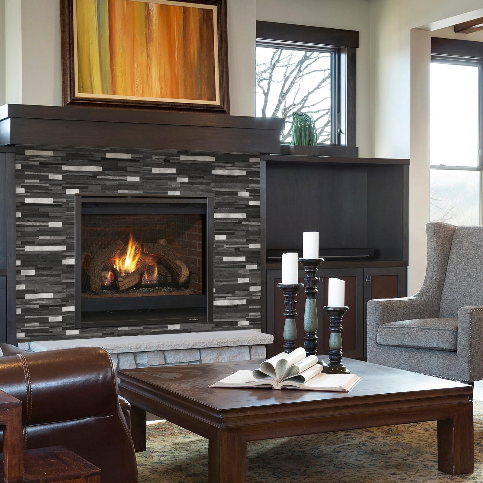 2 Sheets Peel And Stick Backsplash Tile  On For Kitchen Bathroom Black Grey Wood Look Pvc Mixed Metal Self Adhesive Wall Tiles
