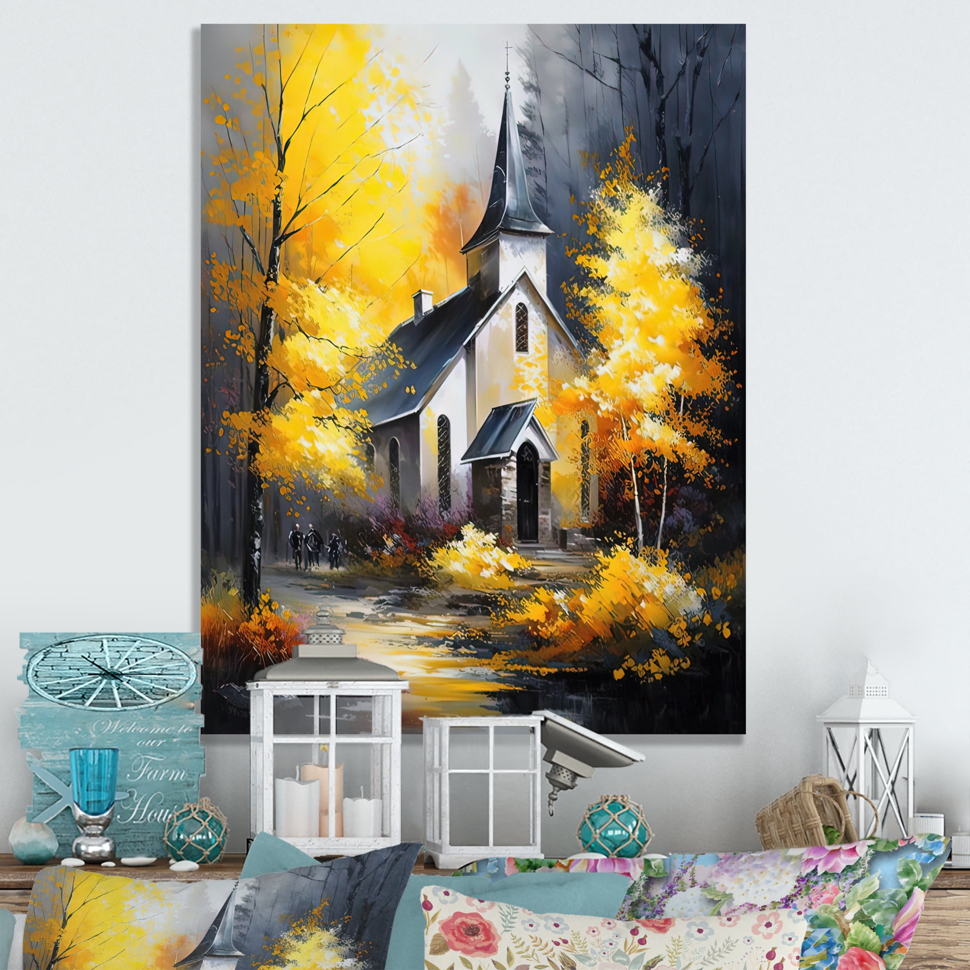 Designart Church In Forest In Autumn I Canvas Wall Art