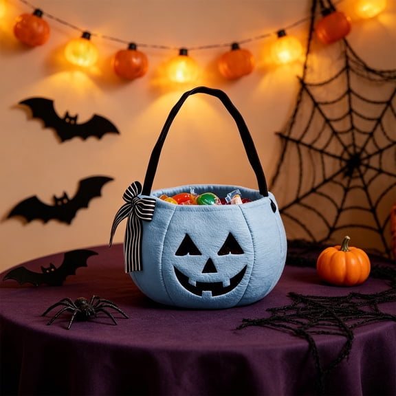 YAMB Halloween Handheld Bow Embroidered Candy Bag, Cute Pumpkin Shaped Candy Bucket with Handles, Portable Spacious Goodie Collecting Bag for Home Party Table Decor & Party Prop, Blue