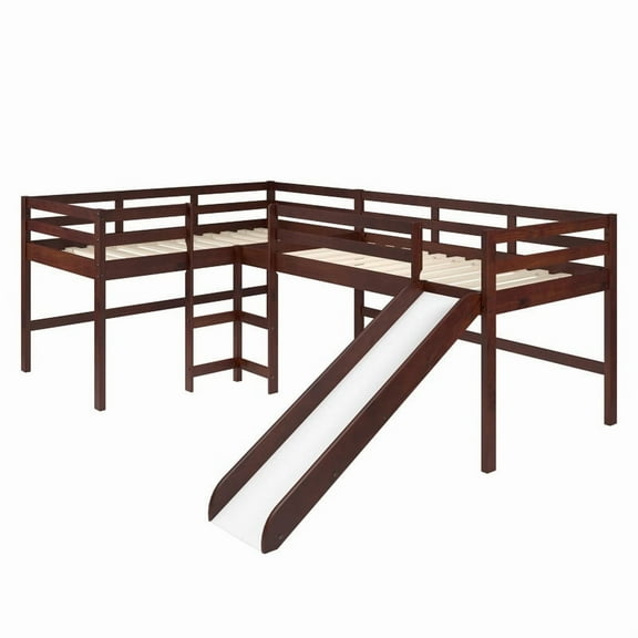 Double Twin L-Shaped Slide Loft with Optional Tent Brown Standalone