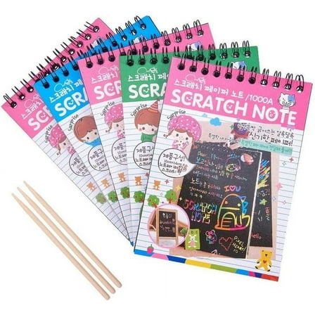 1 Set Scratch Art Paper Set Including 5 Pack Scratch Off Notbooks and 3 Pcs Bamboo Stick Rainbow Magic Drawing Supplies Kits for Fun DIY Gift