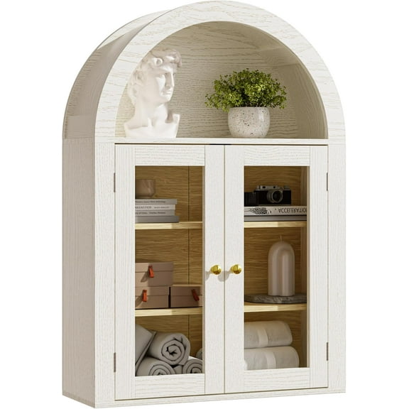 BREEZEHEAT Bathroom Medicine Cabinet Wall Mount-Over The Toilet Storage Cabinet-Arched Wall Cabinet with Glass Doors & Adjustable Shelves, Wood Cabinet for Laundry Room, Kitchen, Living Room, Beige