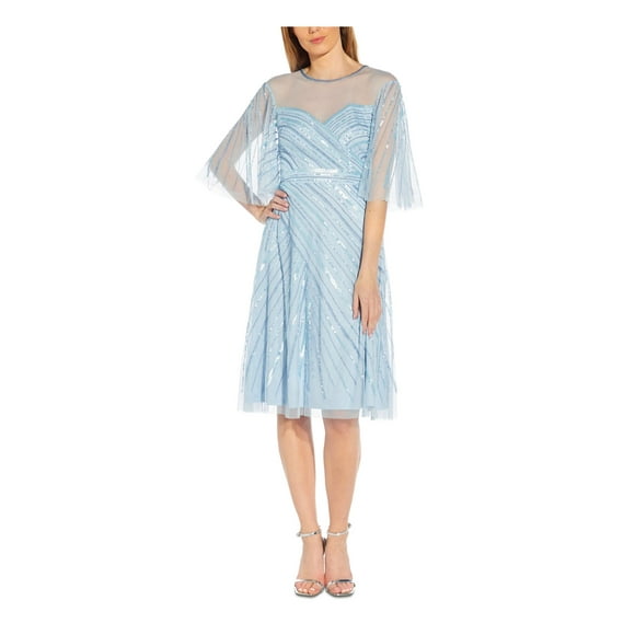 ADRIANNA PAPELL Robe de Soirée Ajustée et Évasée pour Femmes Bleu Clair à Paillettes avec Fermeture Éclair, Manches Coudées, Encolure Illusion, Longueur Genou, Taille 10