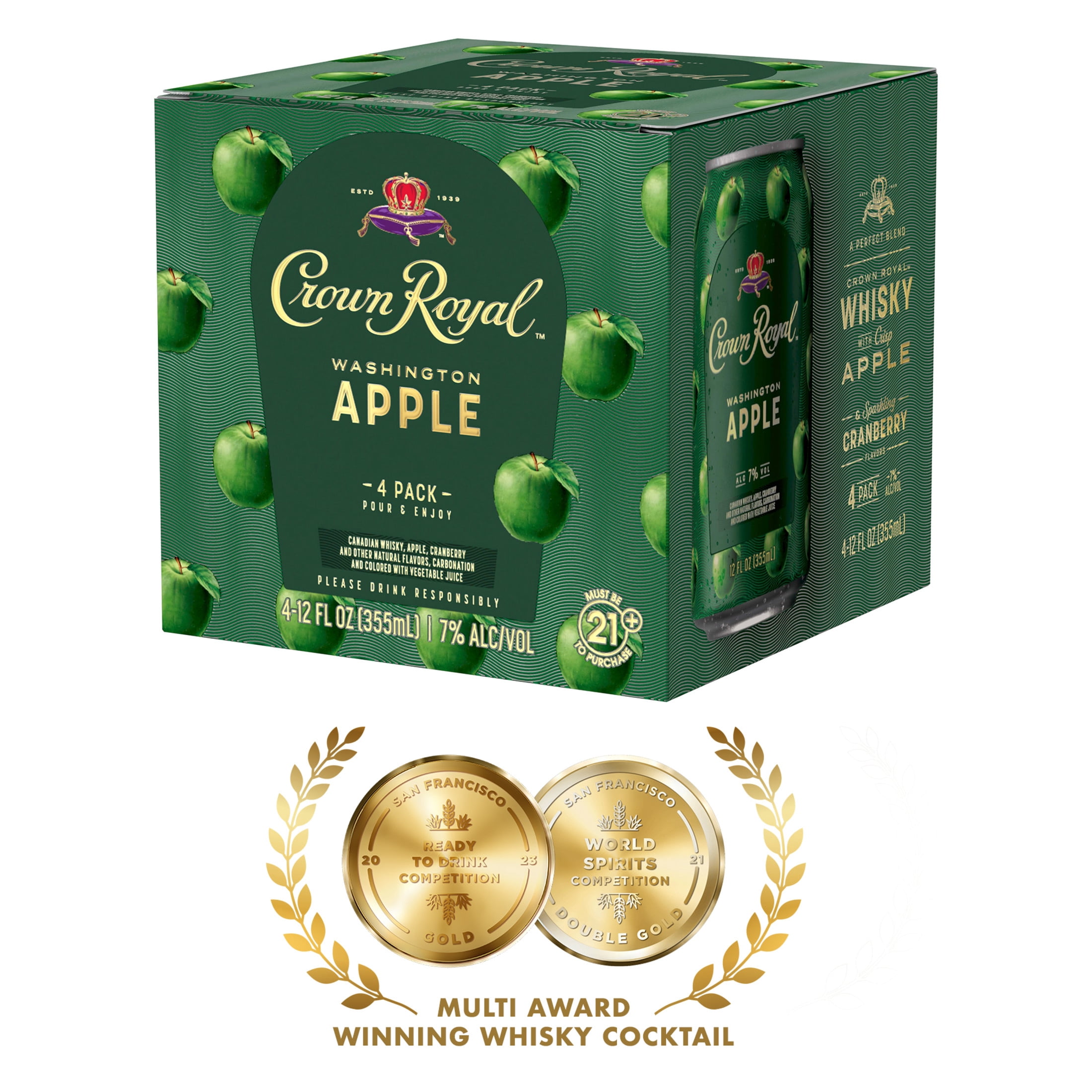 Crown Royal Washington Apple Canadian Whisky Cocktail, 4-PACK (4 x 12 fl oz), 7% ABV