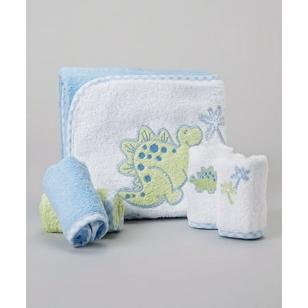 Spasilk Hooded Towel & 4 Washcloth Set, Blue Dino